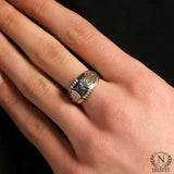 Sterling Silver Emerald Cut Amethyst Patterned Mens Ring
