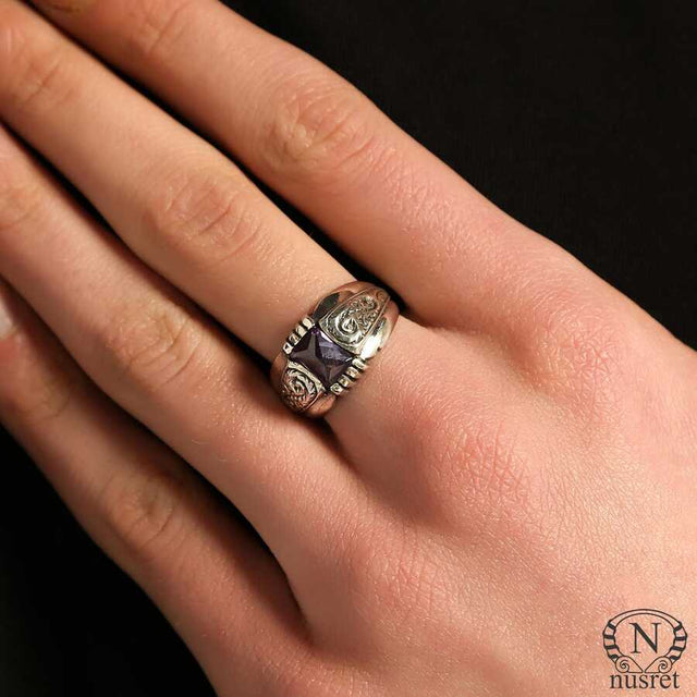 Sterling Silver Emerald Cut Amethyst Patterned Mens Ring