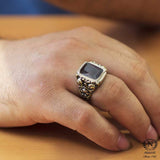 Sterling Silver Men's Ring - Hand-Engraved Column & Faceted Red Ruby