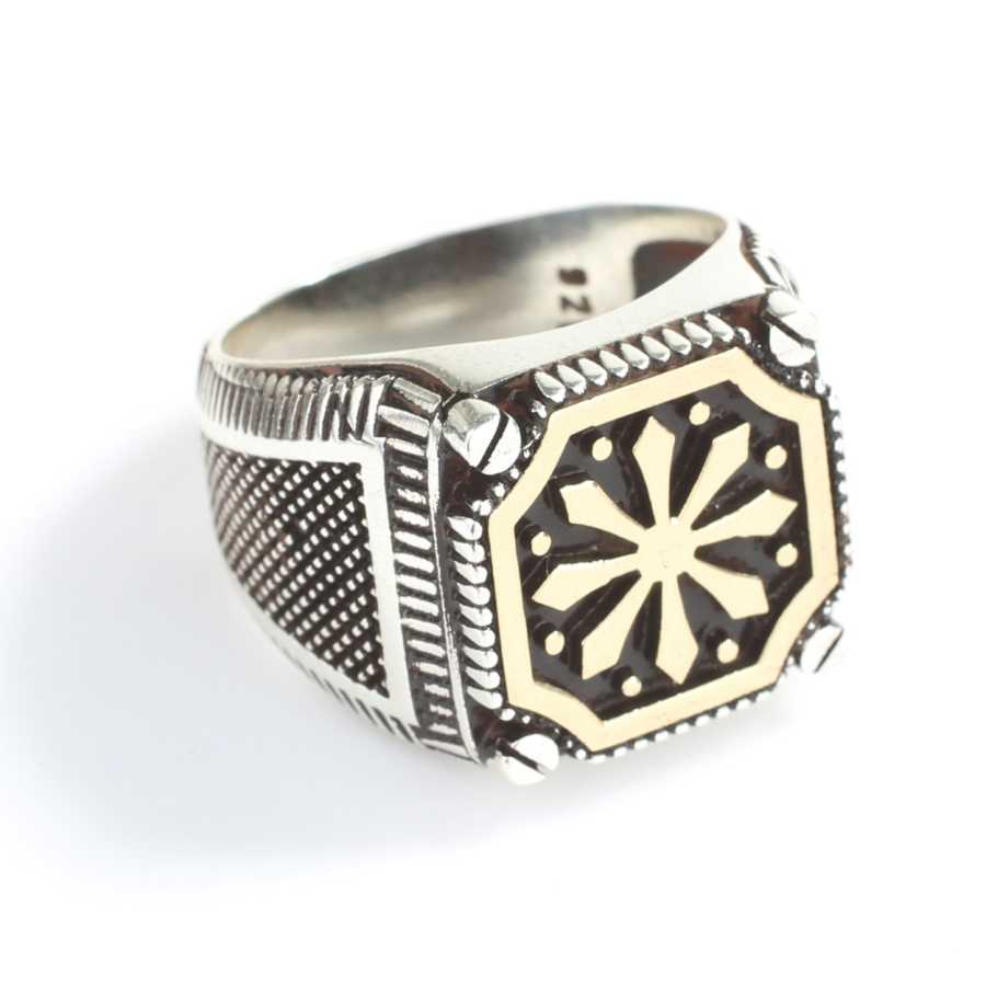 Premium Sterling Silver Square Snowflake Motif Mens Ring