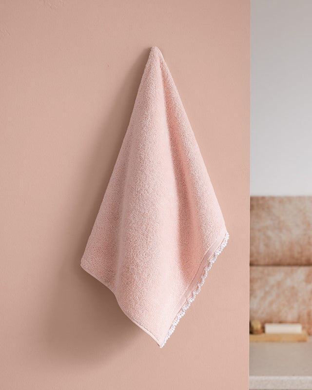 100% Cotton Crochet Trim Face Towel - Pink and White