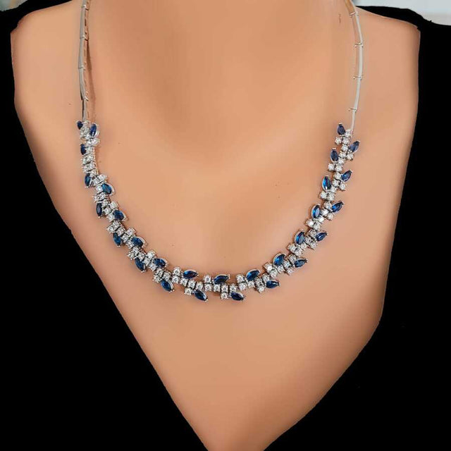 Sterling Silver Zircon Waterfall Necklace - Leaf Motif Design