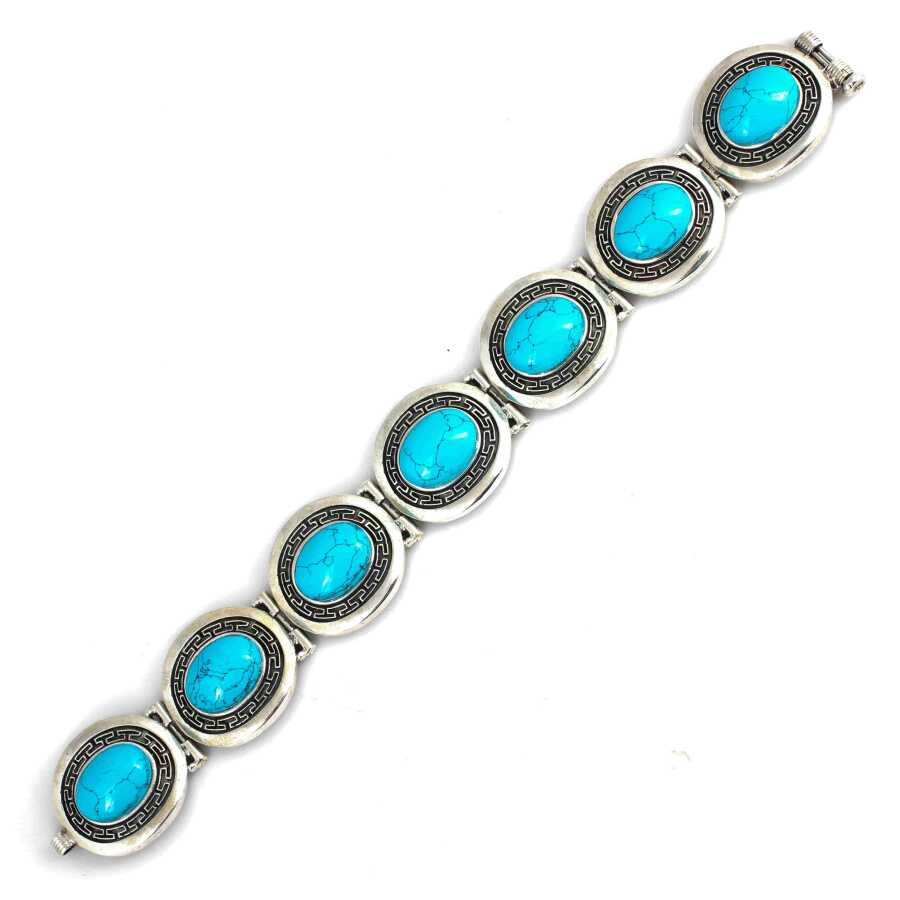 925 Sterling Silver Oval Turquoise Greek Bracelet