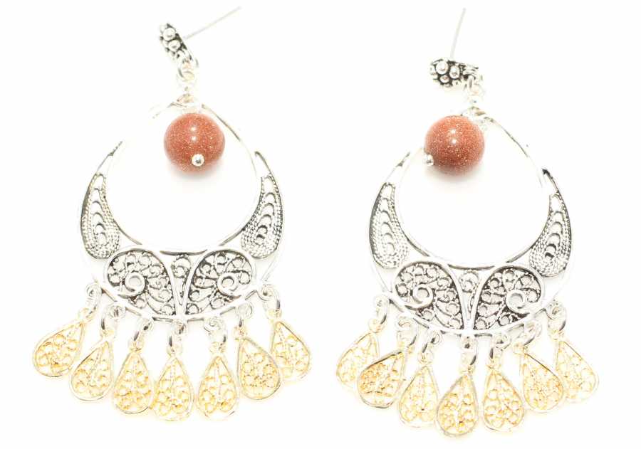 Sterling Silver Crescent Filigree Dangle Earrings - Brown Star Stone
