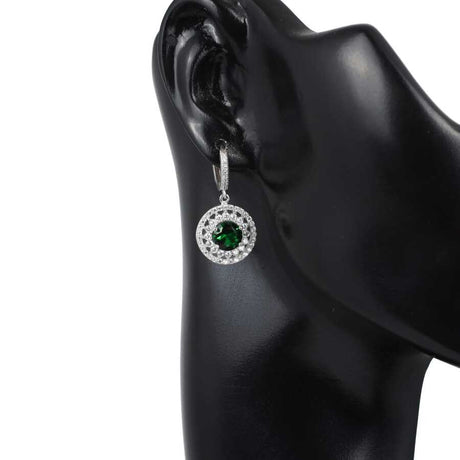 925 Sterling Silver Double Halo Round Emerald Zircon Earrings