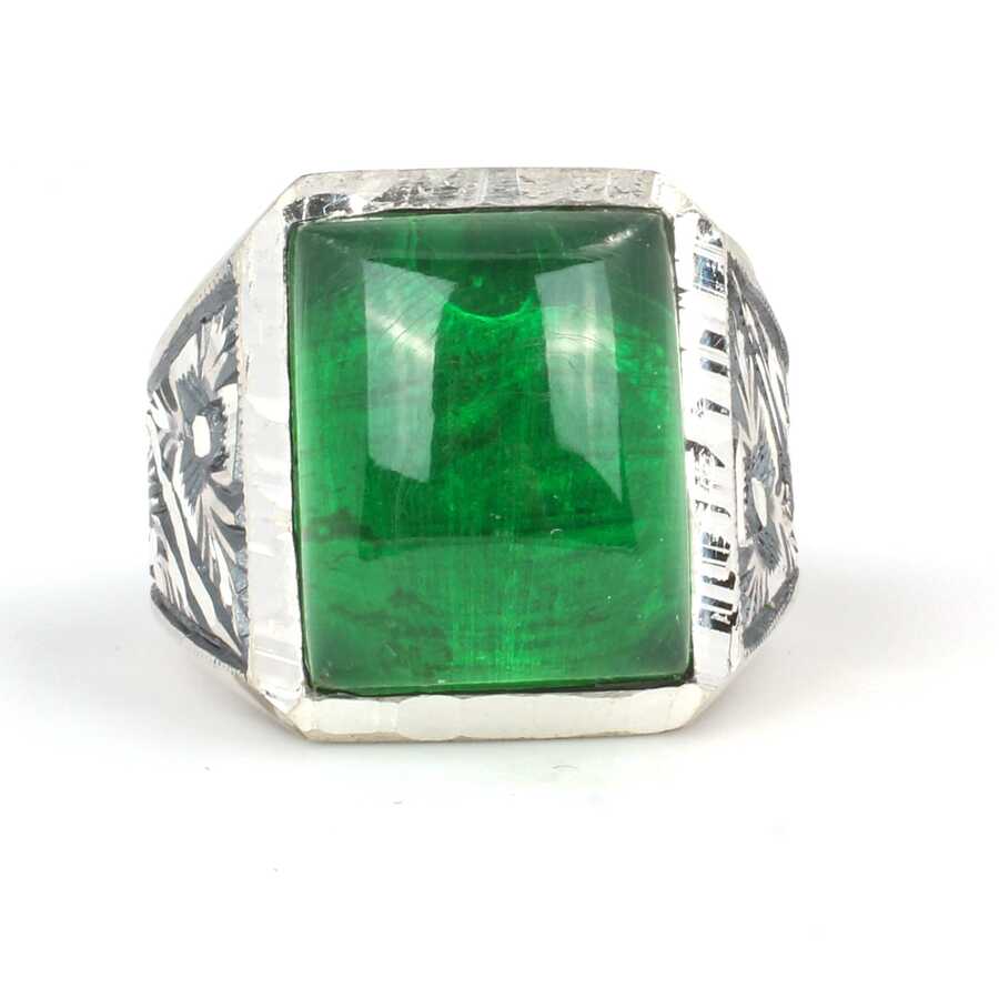 925 Sterling Silver Men's Ring - Hand-Engraved Green Pressed Amber