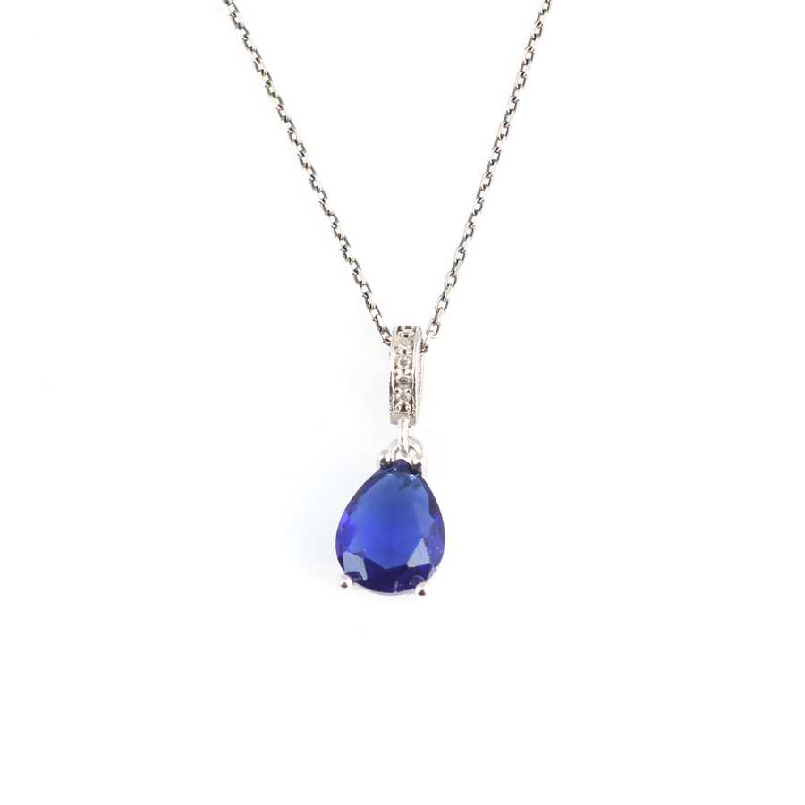 925 Sterling Silver Teardrop Pendant Necklace with Synthetic Sapphire