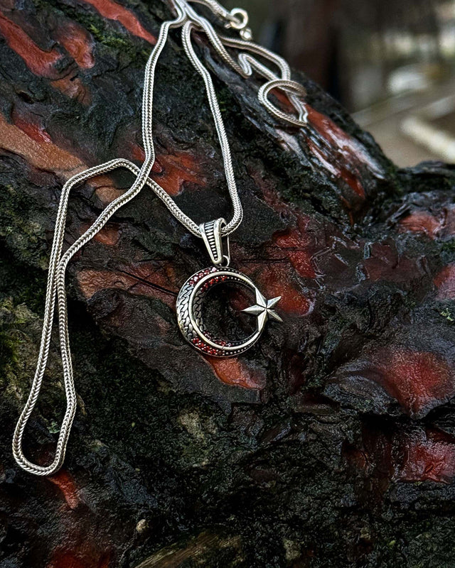 Sterling Silver Minimal Crescent & Star Necklace with Red Stone