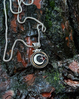 Sterling Silver Crescent & Star Necklace with Rotating Red Stone