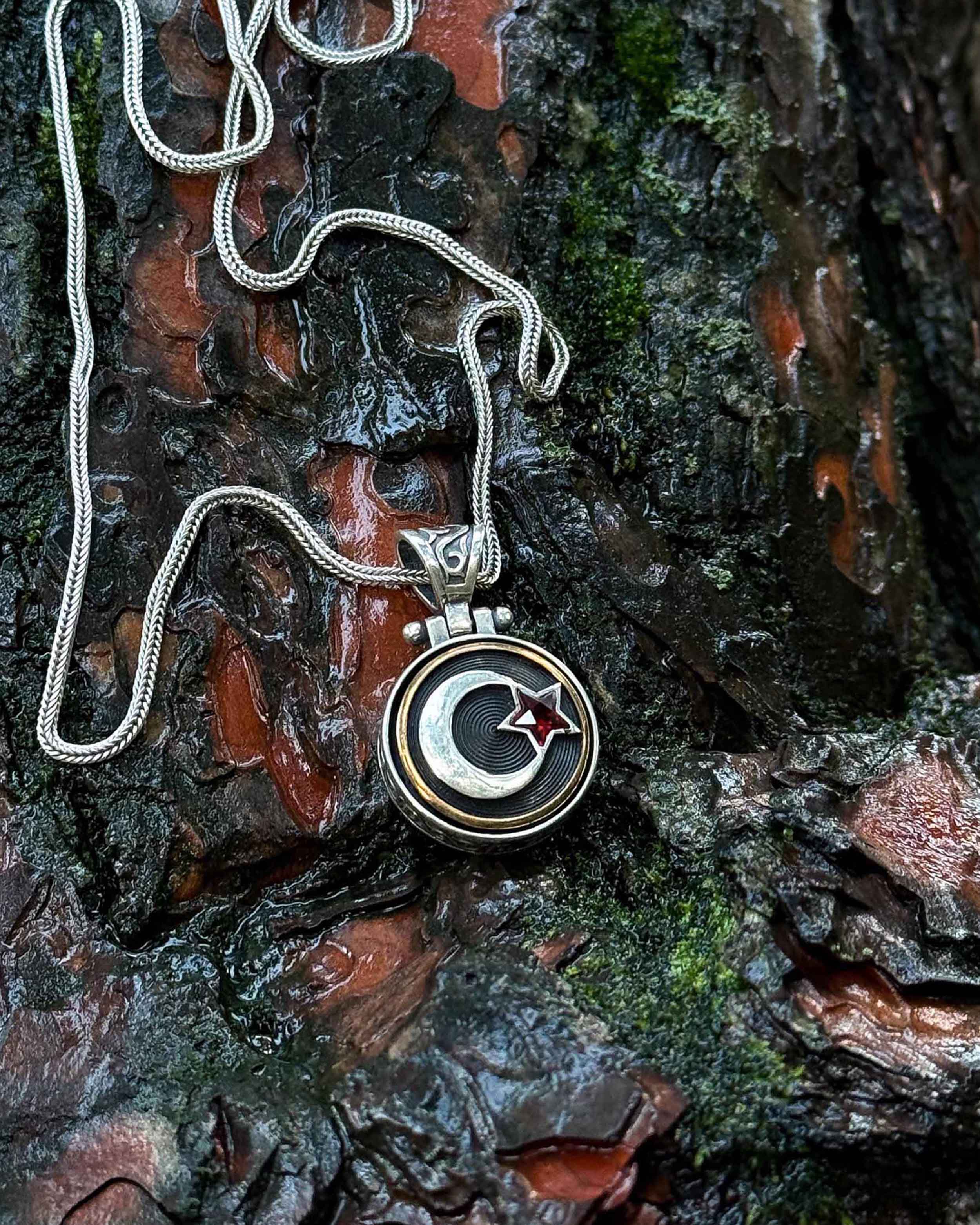 Sterling Silver Crescent & Star Necklace with Rotating Red Stone