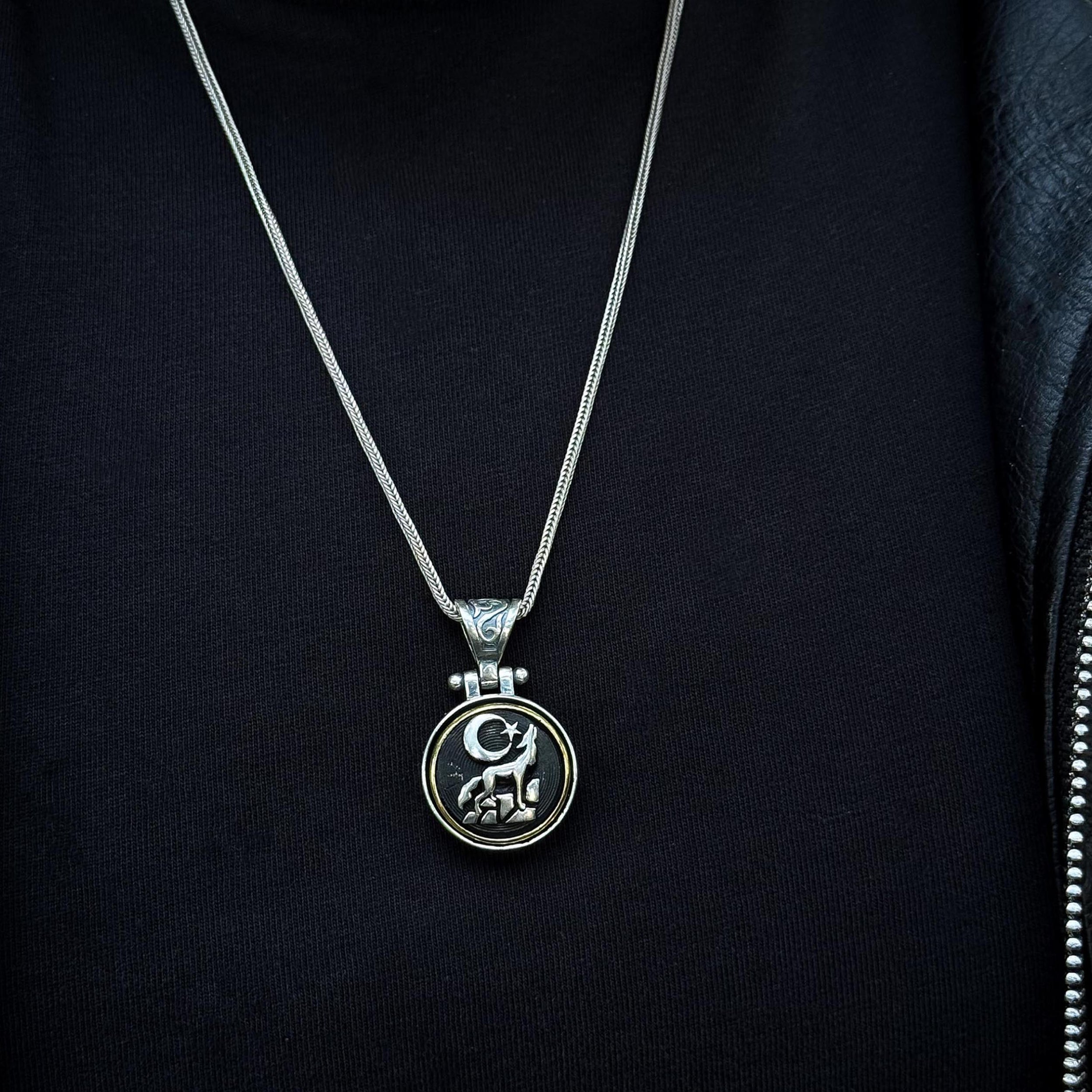 Sterling Silver Rotating Crescent & Wolf Symbol Necklace