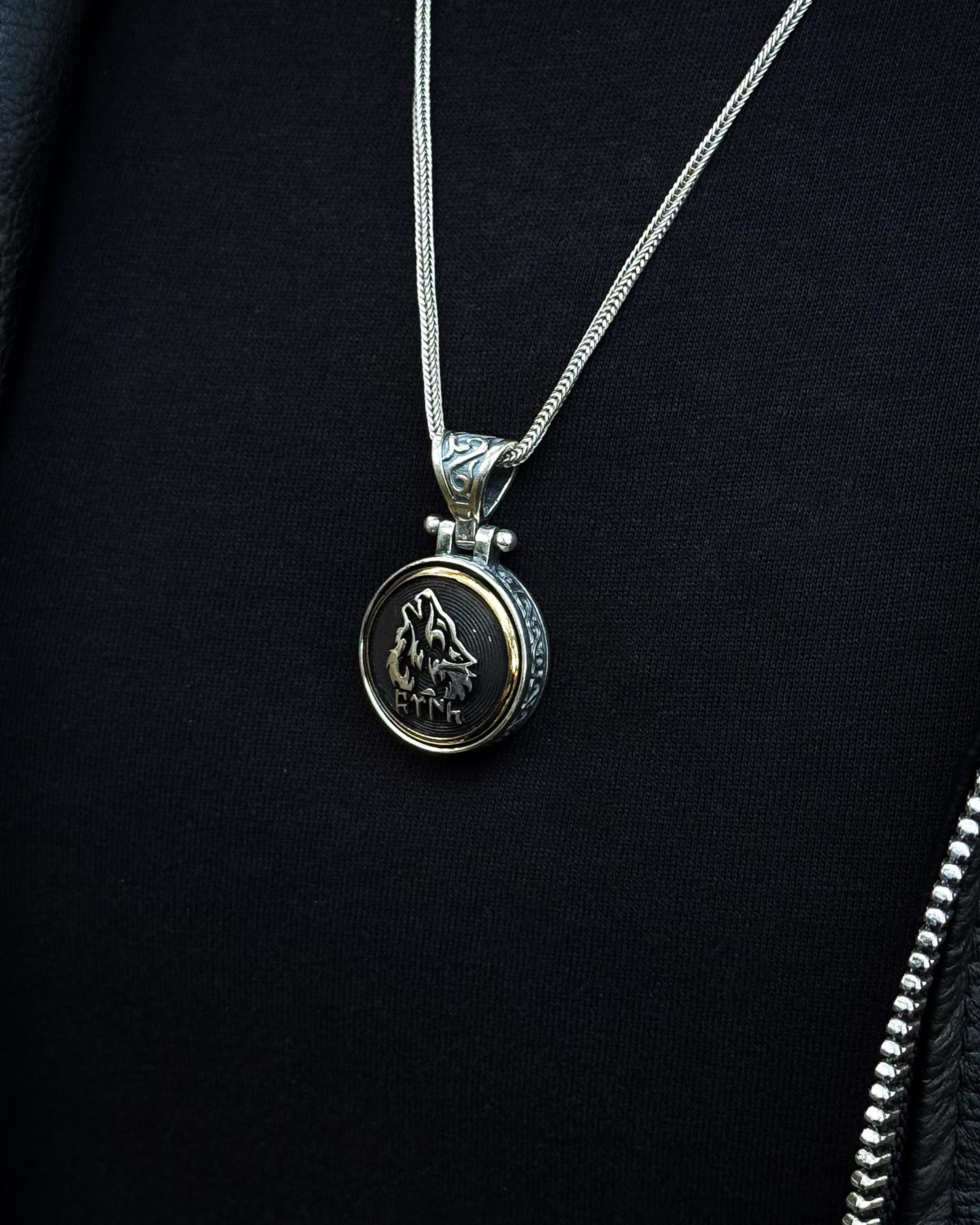 Sterling Silver Rotating Grey Wolf Pendant Necklace - Ancient Turkic Script
