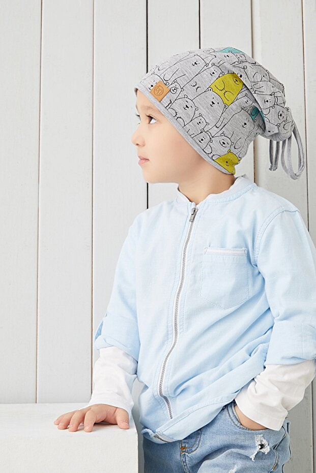 Kids' 4-Season Grey Bear Print Soft Cotton Beanie Hat