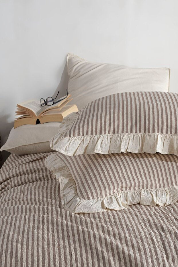 100% Cotton Ruffled Striped Duvet Cover Set - 4-Piece