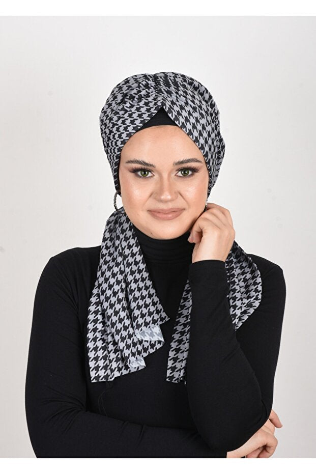 Black-White Houndstooth Stretchy Ready-Wear Turban Scarf