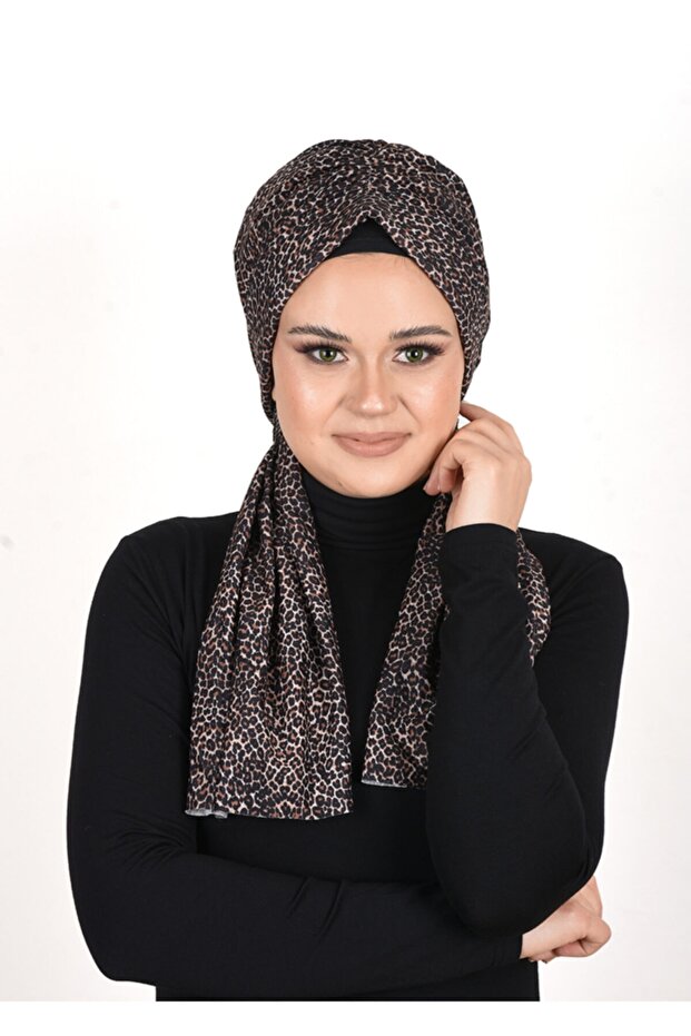طرحة جاهزة للارتداء من قماش رمل stretchy بنقشة الفهد