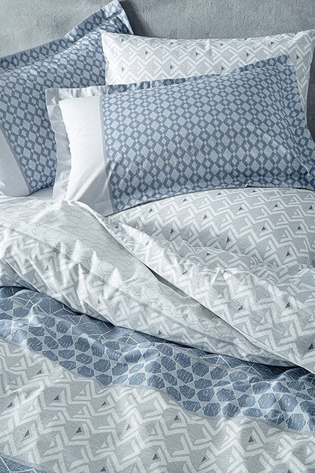 Malin Doppelbett-Bettwäsche-Set – Blaues Geometrisches Muster, 100 % Baumwolle