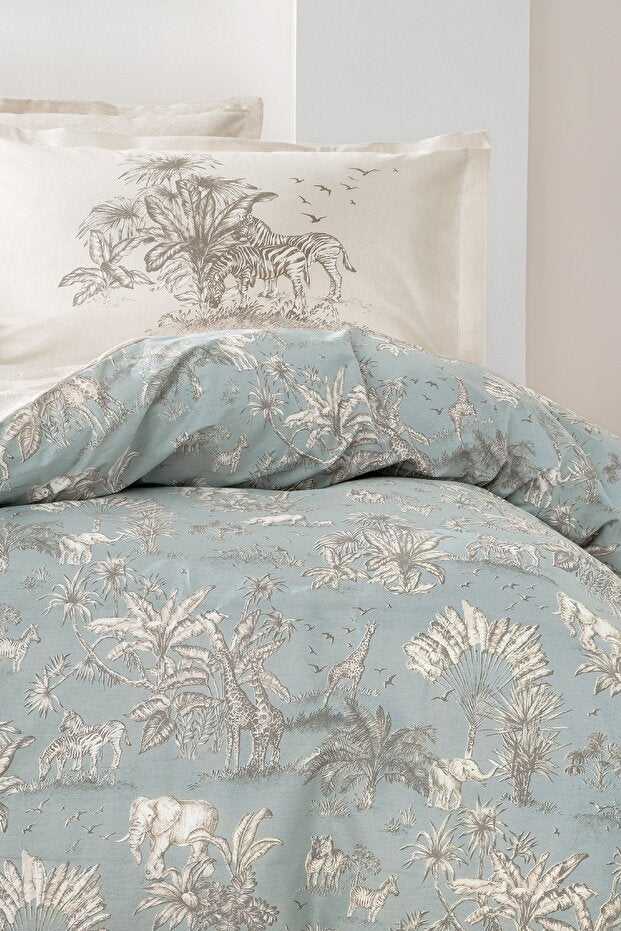Aster Double Ranforce Duvet Cover Set - Sage Green Tropical Print