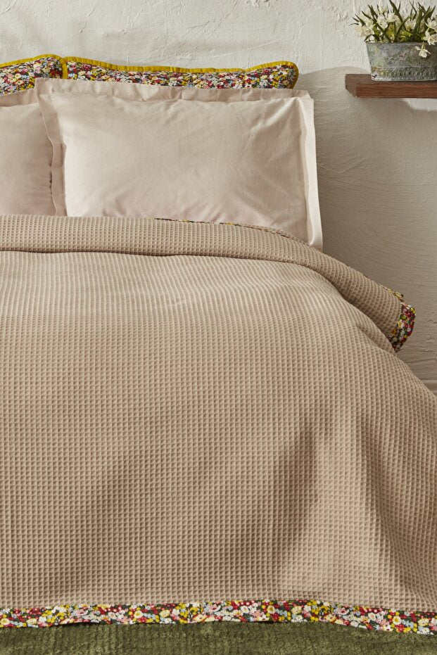 Pike en maille gaufrée Glam - 200x220 cm Beige Mélange de coton
