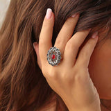 925 Sterling Silver Filigree Ring with Vibrant Ruby-Red Stone
