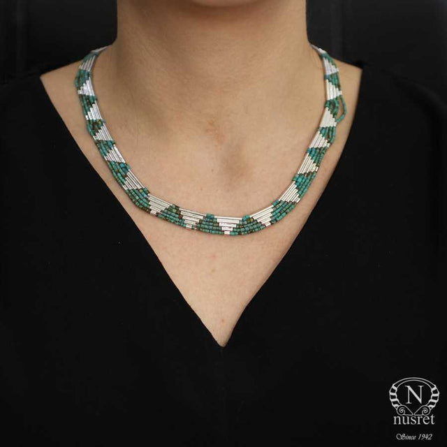 925 Sterling Silver Turquoise 5-Row Necklace - Unique Artisan Design