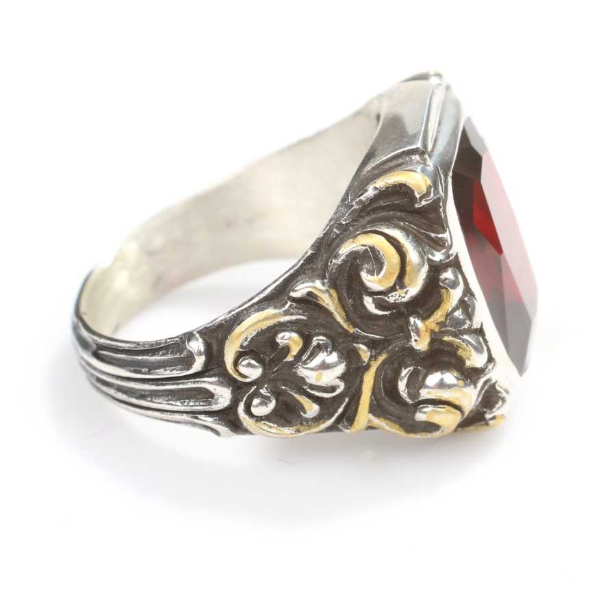 Sterling Silver Men's Ring - Hand-Engraved Column & Faceted Red Ruby
