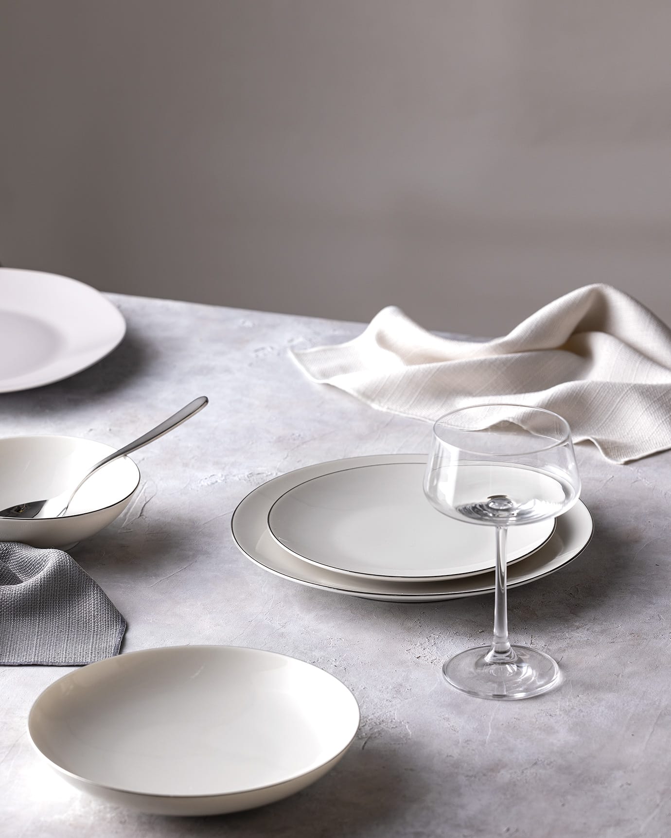 New Bone China 6-Person Dinnerware Set - Ravello White & Silver Trim