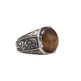 925 Sterling Silver Tiger's Eye Men's Ring - Octagonal Hand-Engraved