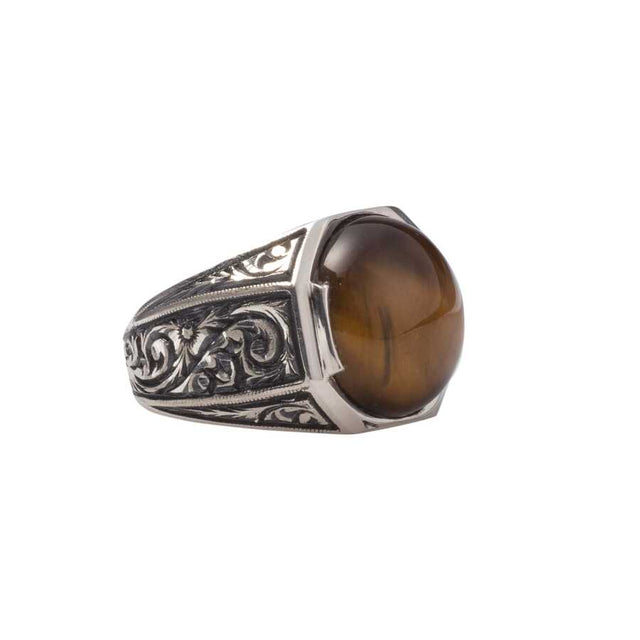 925 Sterling Silver Tiger's Eye Men's Ring - Octagonal Hand-Engraved