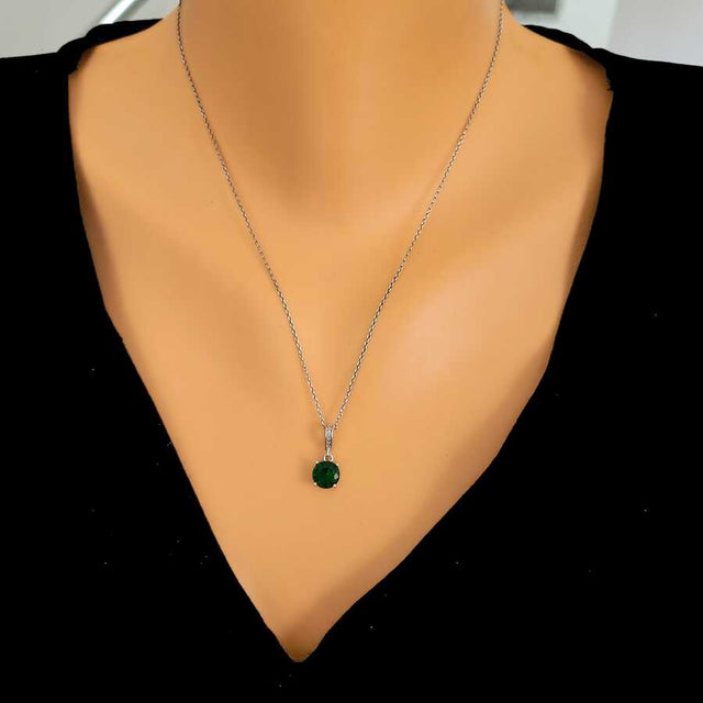 925 Sterling Silver Round Synthetic Emerald Pendant Necklace