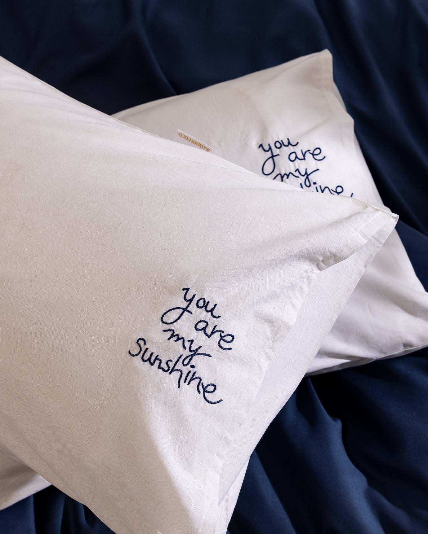 100% Cotton Embroidered Pillowcase Set - 2 Pack - White & Navy Blue