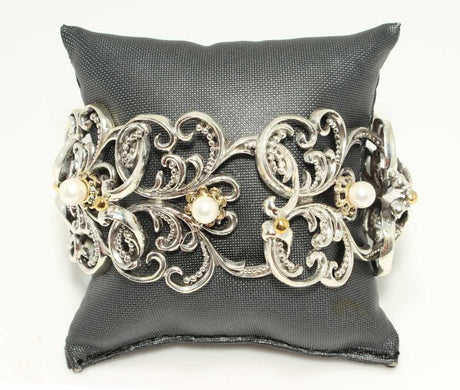 Sterling Silver Pearl Ancient Byzantine Bracelet - Wide Cuff