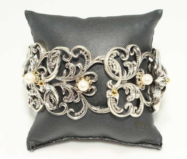 Sterling Silver Pearl Ancient Byzantine Bracelet - Wide Cuff