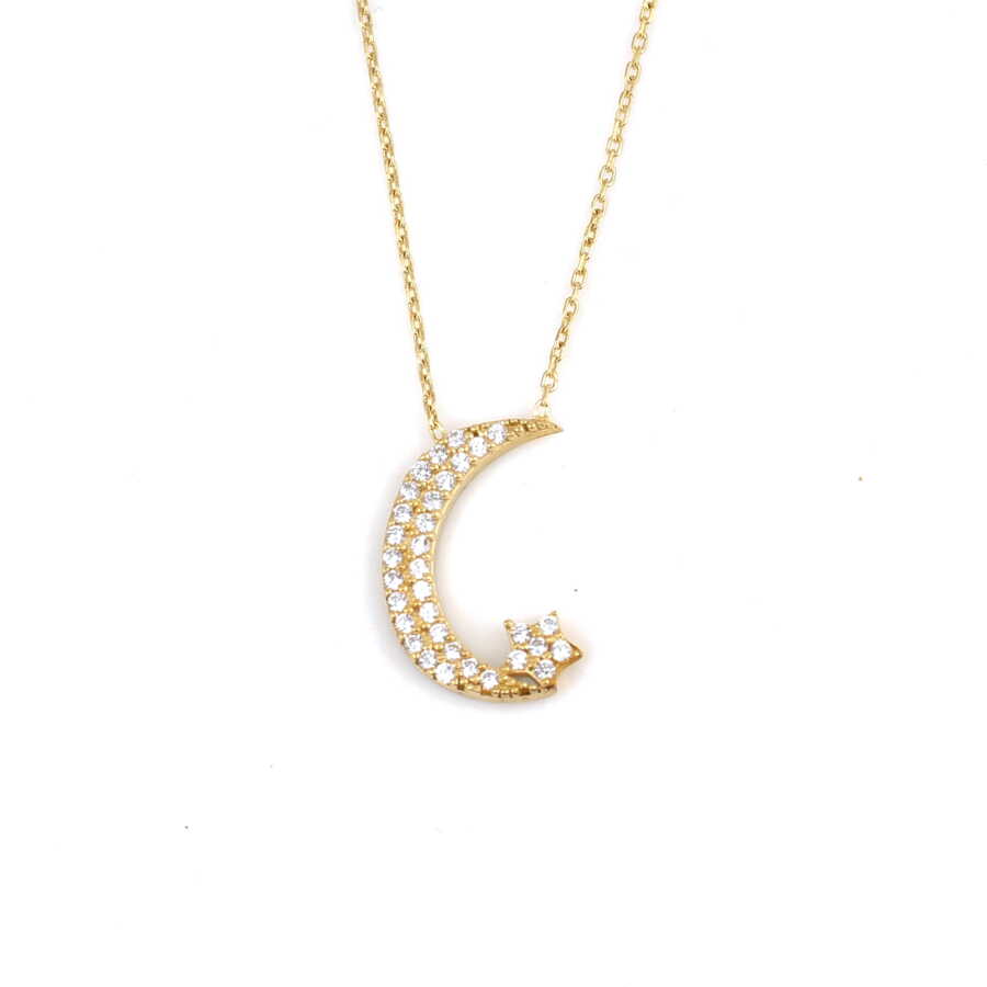 925 Sterling Silver Moon & Star Zircon Pendant Necklace