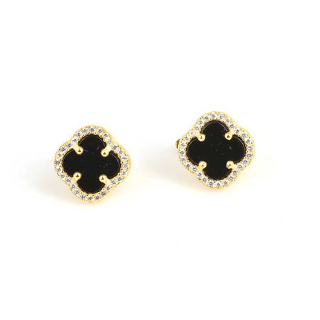 Elegant 925 Sterling Silver Clover Onyx Stud Earrings with Zircon Accents