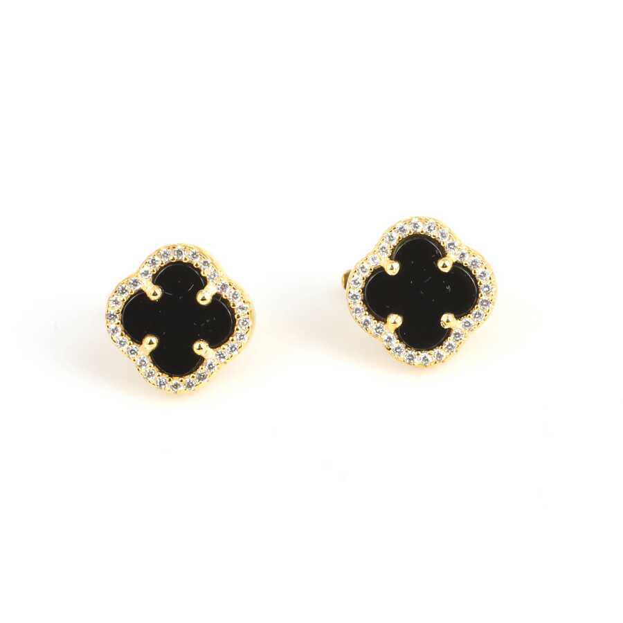 Elegant 925 Sterling Silver Clover Onyx Stud Earrings with Zircon Accents