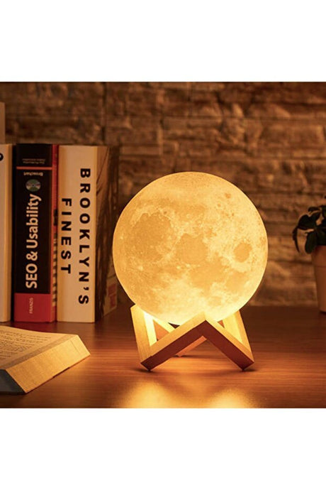 3D Moon Lamp with Wooden Stand - 12 cm LED Night Light - TryAladdin