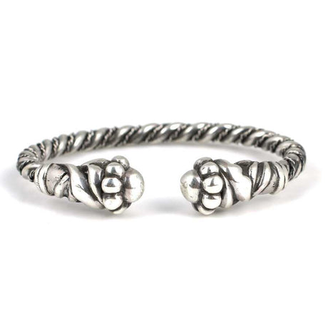 Sterling Silver Leaf & Ball Design Twisted Open Cuff Bracelet