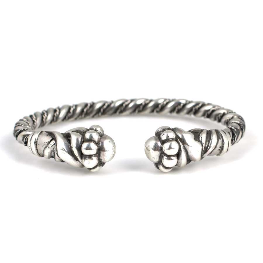 Sterling Silver Leaf & Ball Design Twisted Open Cuff Bracelet