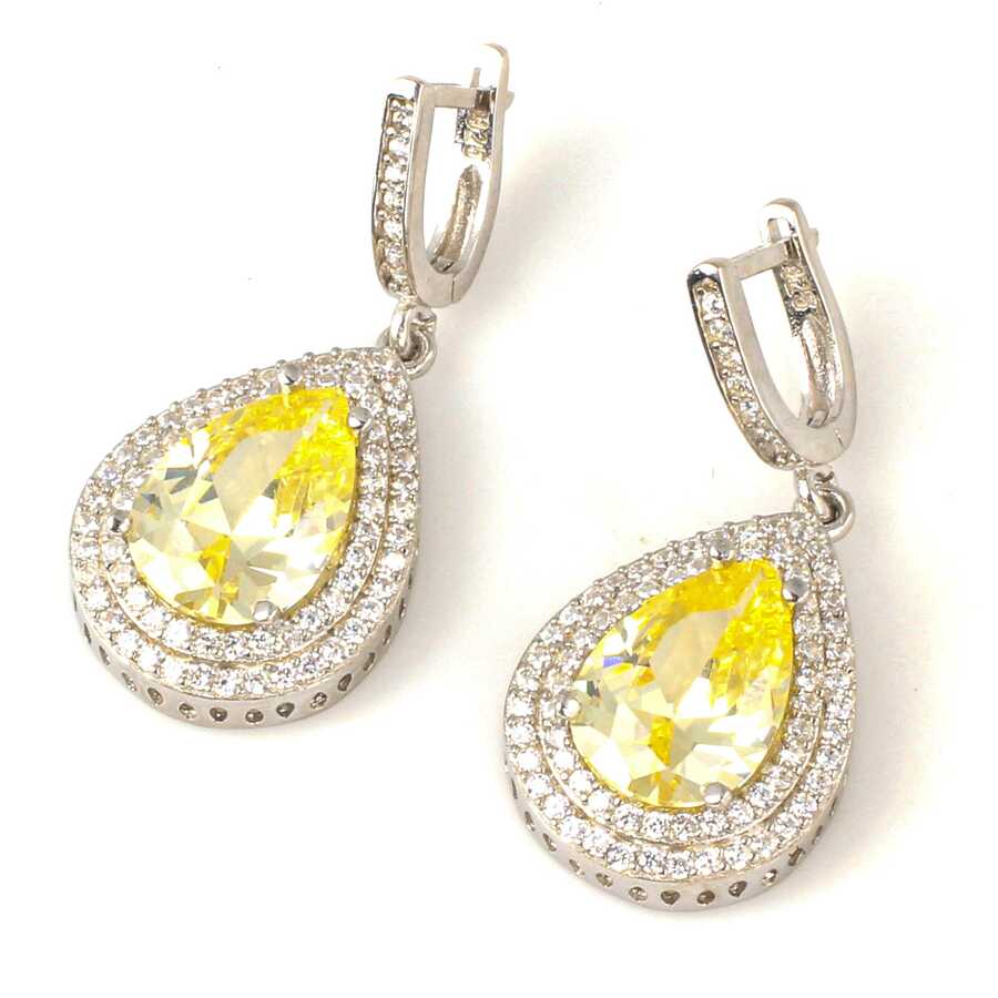 Sterling Silver Citrine & Zircon Teardrop Dangle Earrings