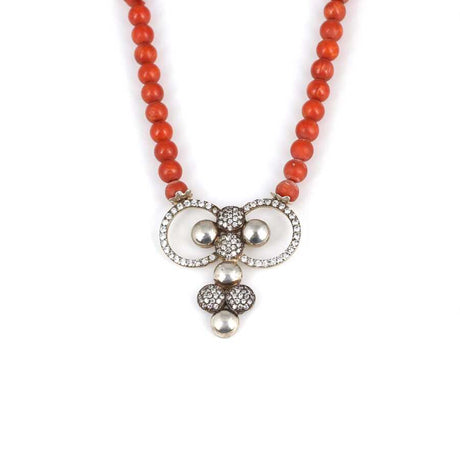 925 Sterling Silver Coral & Zircon Necklace - Statement Piece