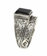 925 Sterling Silver Men's Ring with Square Onyx & Vine Pattern