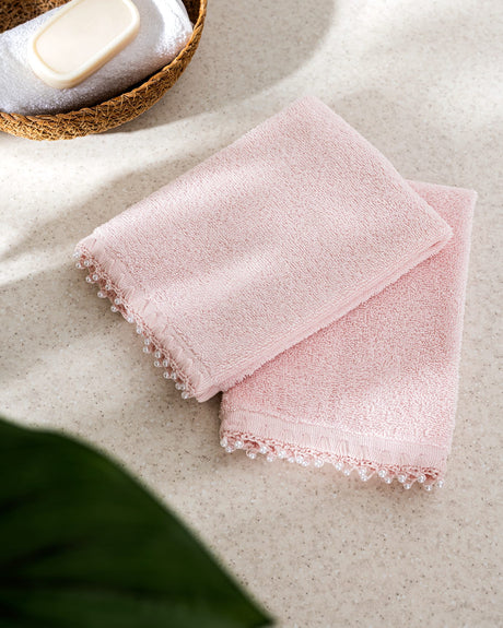 100% Cotton Hand Towel Set - 2 Pack with Crocheted Trim - Powder Pink