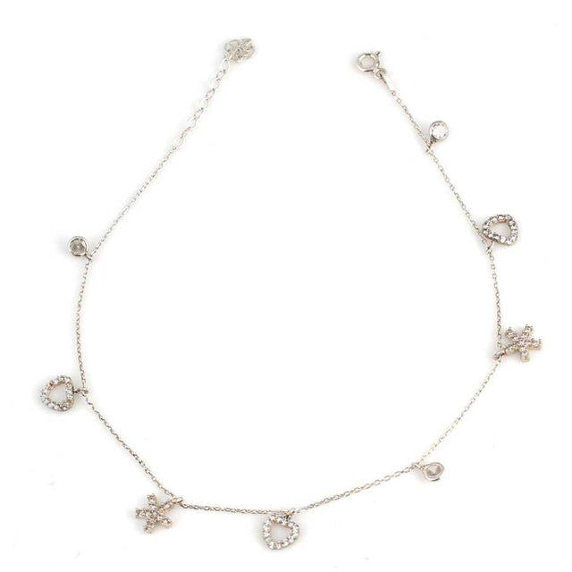 925 Sterling Silver Delicate Heart & Star Anklet with Zircon