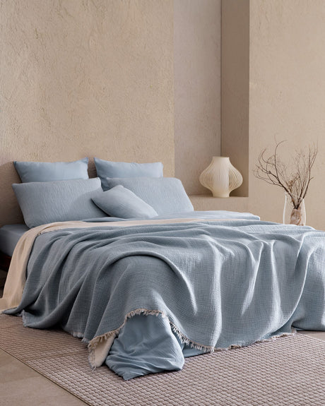 Pivoine 8 Piece Complete Bedding Set - Light Blue & Ecru