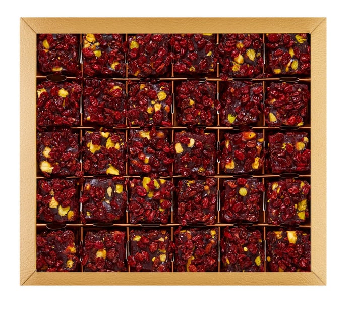 Gourmet vegansk glukosefri Zereshk-bær pistacie lokum