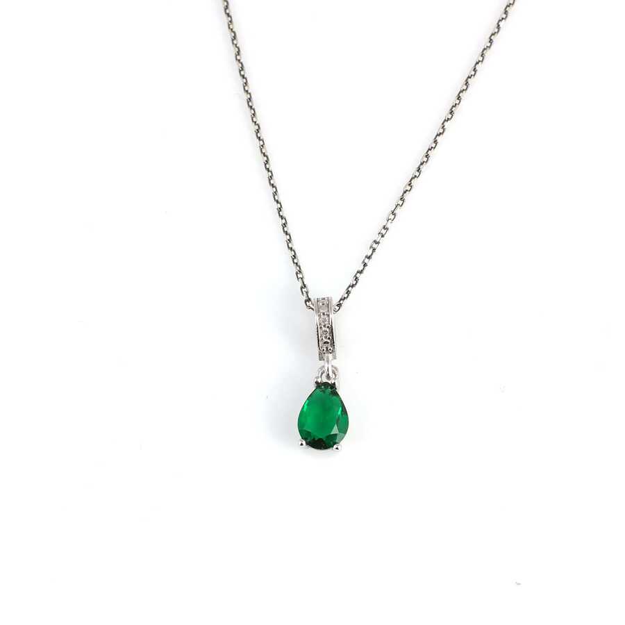 925 Sterling Silver Teardrop Synthetic Emerald Necklace