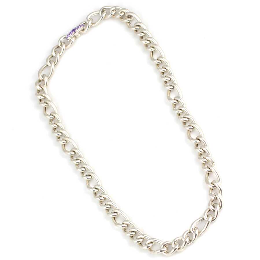 925 Sterling Silver Hollow Figaro Chain Necklace with Amethyst Zircon Clasp