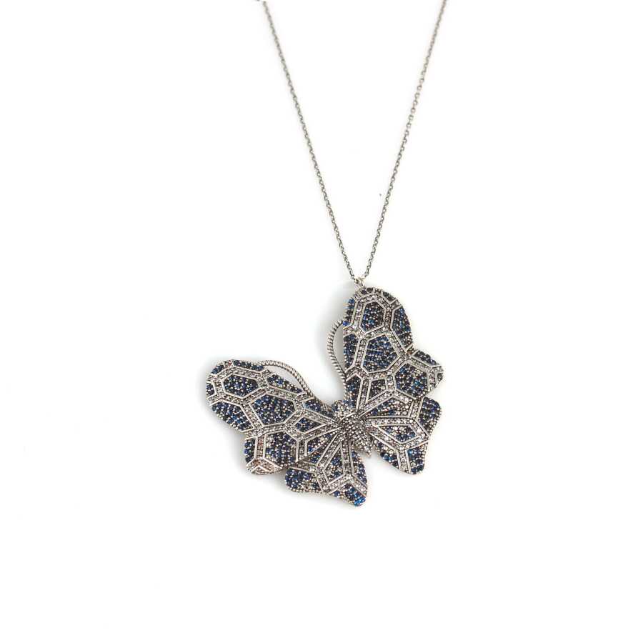 Sterling Silver Zircon Large Butterfly Pendant Necklace