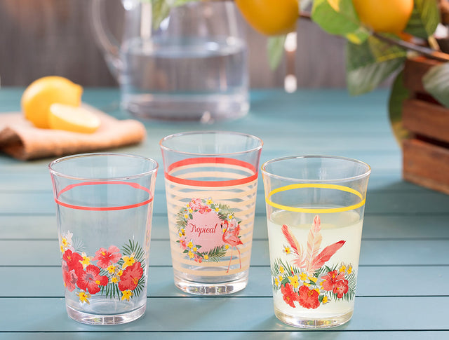 Clear Glass 3-Piece Tumbler Set - Flamingo Design